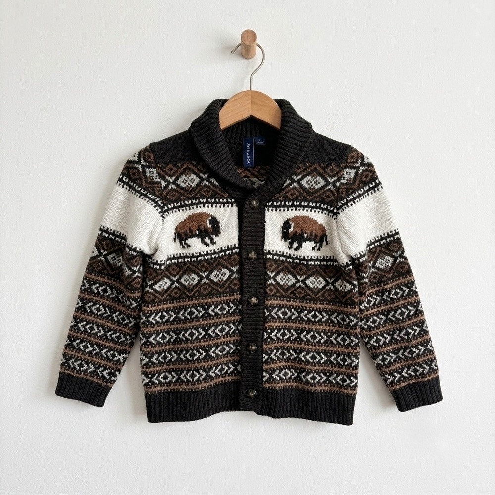 Janie and Jack Boys Buffalo Fair Isle Shawl Collar Cardigan Sweater Black Size 4